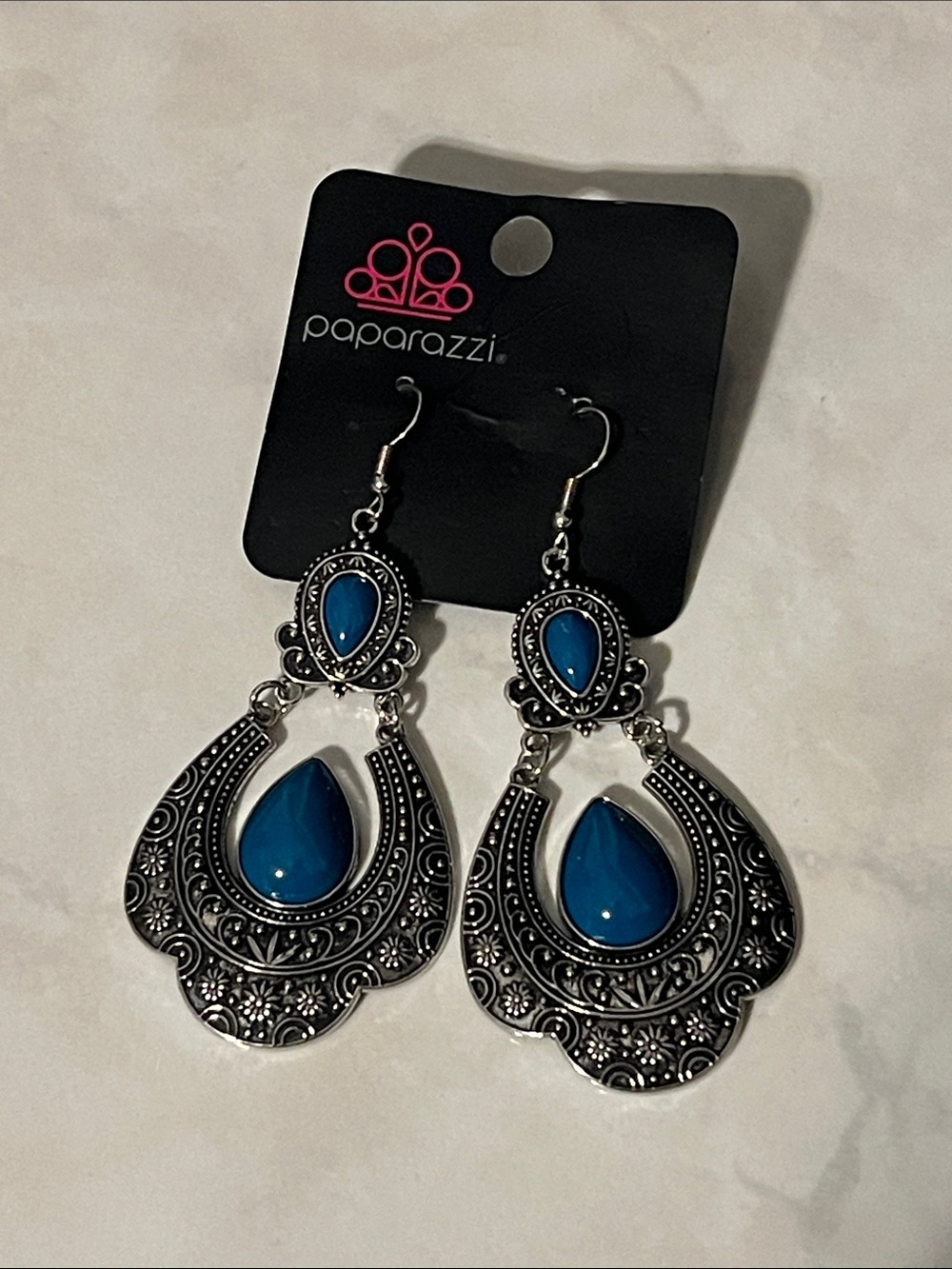 Paparazzi Silver-Tone Filigree Dangle Earrings with Blue Teardrops